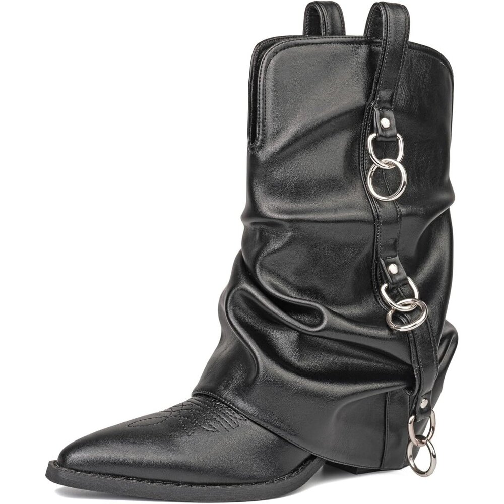 Women Retro Black Rubber Chunky Heels Mid Calf Western Boots Vintage Retro